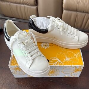 Yellow Box White and Black Sneakers with Leather-like Finish. New in Box